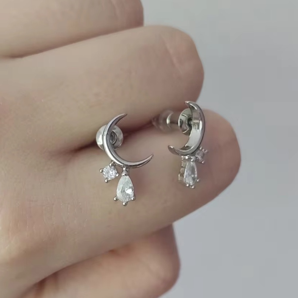 Tiny Silver Crescent Moon Post Back Dangle Earrin… - image 3